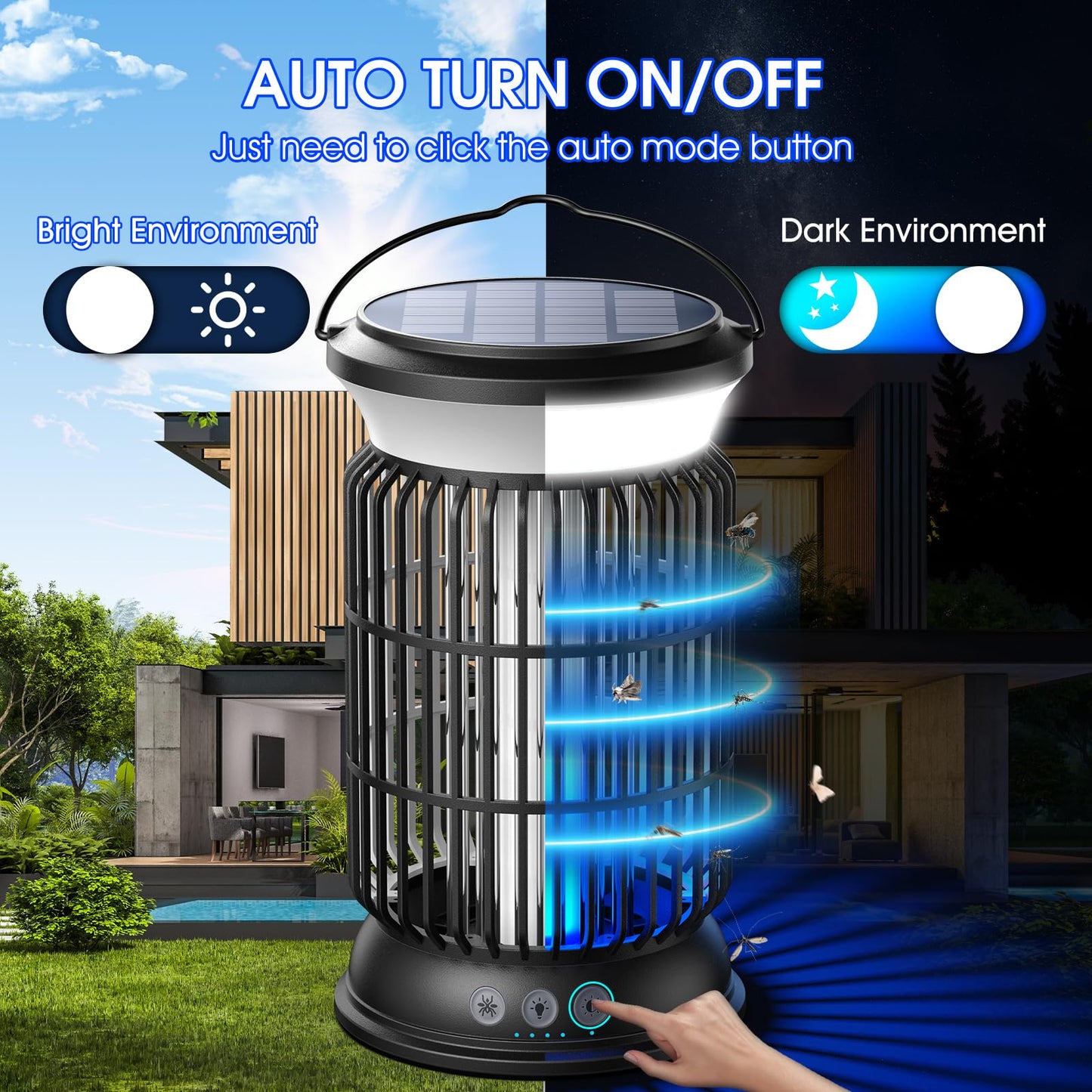 GTERT Solar Bug Zapper Outdoor, Electric Bug Zapper, 6000mAh Rechargeable Mosquito Zapper, Cordless Fly Zapper, 4 Modes Waterproof Insect Zapper for Home Garden Patio Backyard Camping