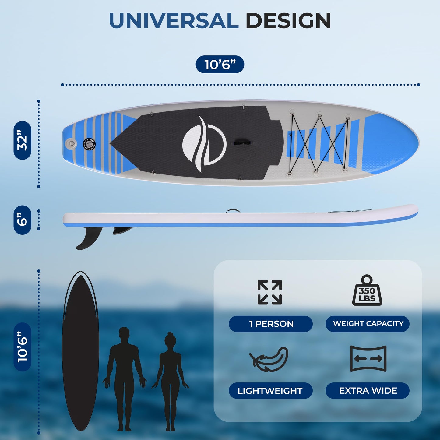 SereneLife Inflatable Stand Up Paddle Board - Wide Stable Design, Non-Slip Deck for Adults & Youth with Premium Paddle Board Accessories: Carry Bag, Dual Action Pump, Paddle, Ankle Leash - 10'6"