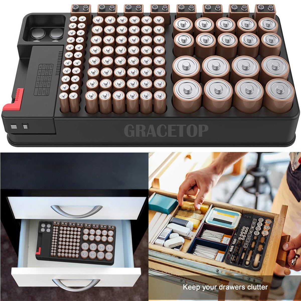 Battery Organizer Storage case with Battery Tester for AAA AA C D 9V and Button Batteries Storage Box Holds 110 Batteries Various Sizes with Removable Digital Battery Tester