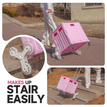 Foldable Rolling Cart for Stair Climbing: Rolling Crate for Grocery File Office Book (Pink)
