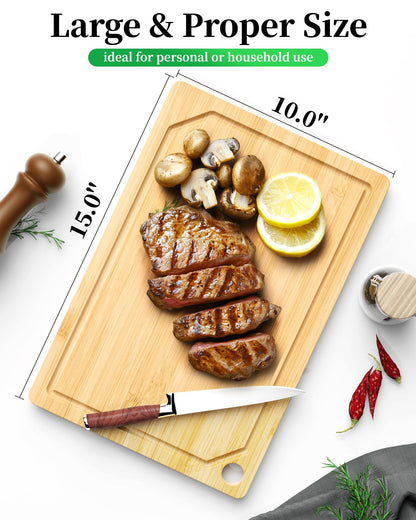 Kitsure Bamboo Cutting Board - Multi-Sizes Wooden Cutting Boards for Kitchen, Convenient Kitchen Essentials with Deep Juice Grooves, Natural Cutting Board for Chopping & Serving, 15.0" x 10.0"