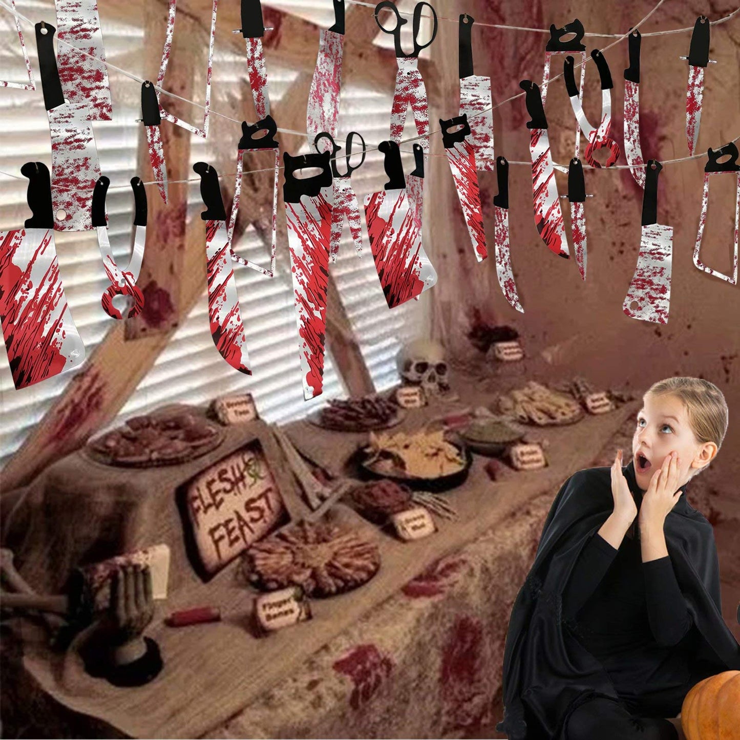 32PCS Bloody Garland Banner Props - Halloween Decorations & Zombie Vampire Party Supplies for Haunted House, Bar, Office, Home, Indoor/Outdoor Yard Decor & Weapons