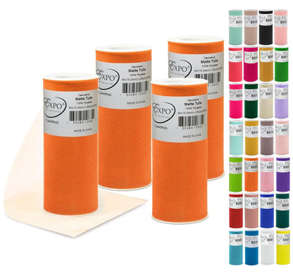 Expo International Decorative Matte Tulle, Lightweight Polyester Tulle Fabric for Tutus, Costumes, and Party Decorations, Washable, Easy-to-Use, 6 Inch x 25 Yards, Orange, Pack of 4