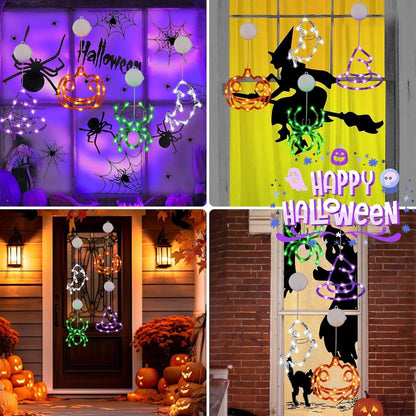4 Pack Halloween Decorations, Orange Pumpkin, White Ghost, Purple Witch Hat, Green Spider Lights, Battery Operated Halloween Window Lights with Suction Cup and Timer for Decor