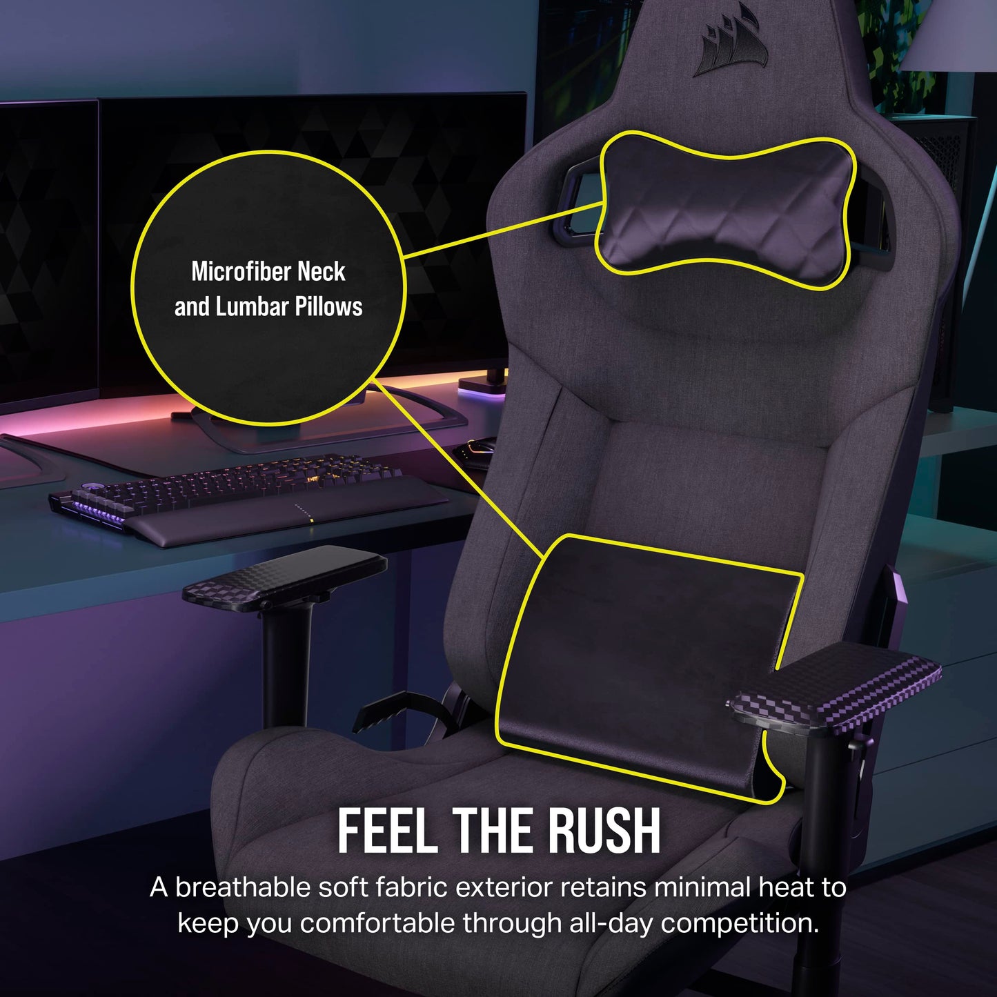 Corsair T3 Rush Fabric Gaming Chair (2023) – Racing-Inspired Design – Soft Fabric Exterior – Padded Neck Cushion – Memory Foam Lumbar Support – Adjustable Seat Height – Charcoal