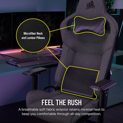 Corsair T3 Rush Fabric Gaming Chair (2023) – Racing-Inspired Design – Soft Fabric Exterior – Padded Neck Cushion – Memory Foam Lumbar Support – Adjustable Seat Height – Charcoal