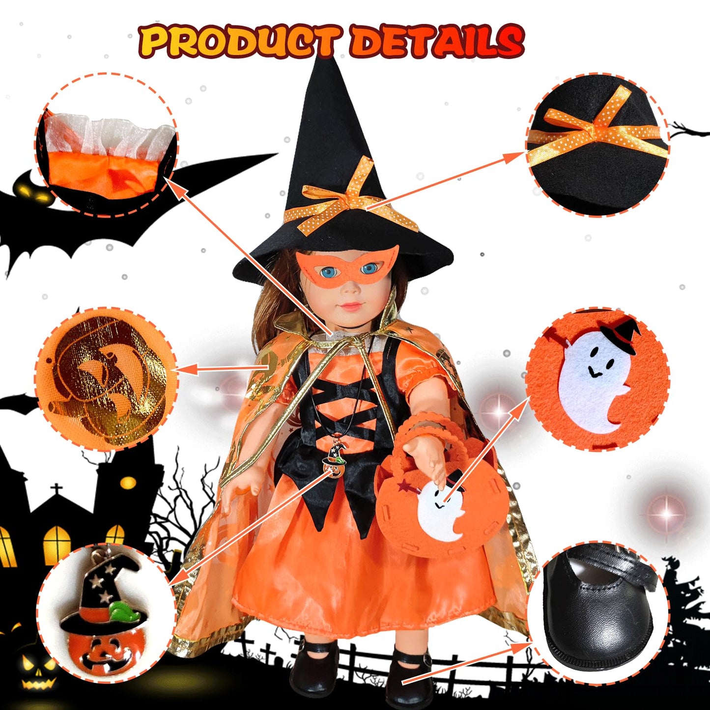 WONDOLL Halloween-Doll-Clothes Outfits Pumpkin with Lantern for 18-inch-Dolls - American Doll Halloween Costumes Gifts for Little Girls -Yellow