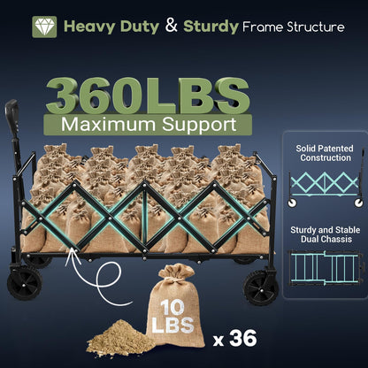 Hikemoon 34'' Extra Long Collapsible Wagons Carts Foldable, 360LBS Heavy Duty Folding Beach Wagon Cart with Wheels, Portable Utility Outdoor Wagon for Grocery, Shopping, Garden, Sports, Camping, Black