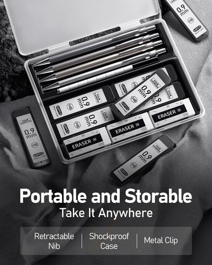 Four Candies 0.9mm Metal Mechanical Pencil Set with Case - 4PCS Fancy Mechanical Pencils, 8 Tubes HB #2 Lead Refills, 3PCS 4B Erasers and 9PCS Eraser Refills, Led Pencils Mechanical for Writing