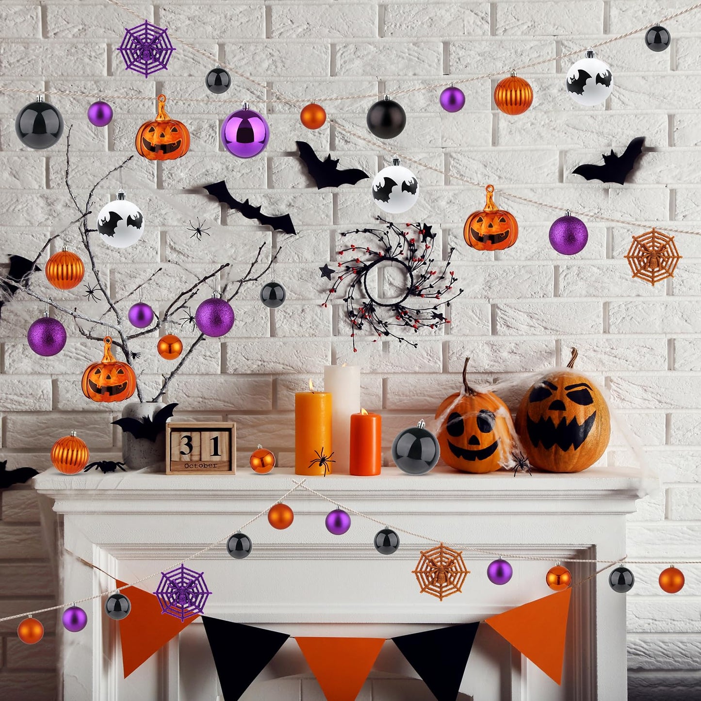 Halloween Ornaments Tree Decorations, 61 Pack Shatterproof Halloween Hanging Ball Ornaments Set with Loop for Party Holiday Indoor Home Decor