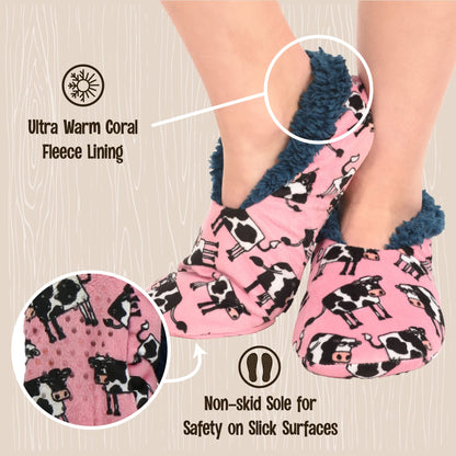 Lazy One Fuzzy Feet Slipper Socks for Women, Cute Fleece-Lined House Slippers, Cow, Moody, Non-Skid