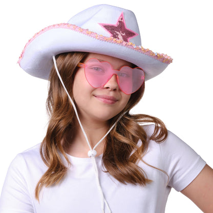 Funcredible White Cowboy Hat and Glasses - Preppy Cowgirl Hat with Star - Sparkly Cowboy Hats - Cowgirl Outfit Accessories for Women and Girls