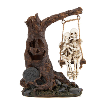 Halloween Skull Statue with Spooky LED Light for Holiday Decorations, Halloween Decor with Romantic Skeleton Couple on Swing Tombstone Tree, Grinning Skull Decor Props Haunted Collectible Gift