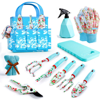 JUMPHIGH Womens Gardening Gifts Set - Floral Gardening Tools with Tote Bag - Gifts for Mom, Girlfriend or Women - Birthday, Christmas (Blue)