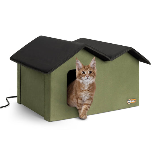 K&H Pet Products Extra-Wide Heated Outdoor Cat House for Outside Pets in Winter, Weatherproof Outdoor House for Ferals, Insulated Shelter, 2 Doors, Waterproof Heated Cat Bed, Safety Listed - Olive