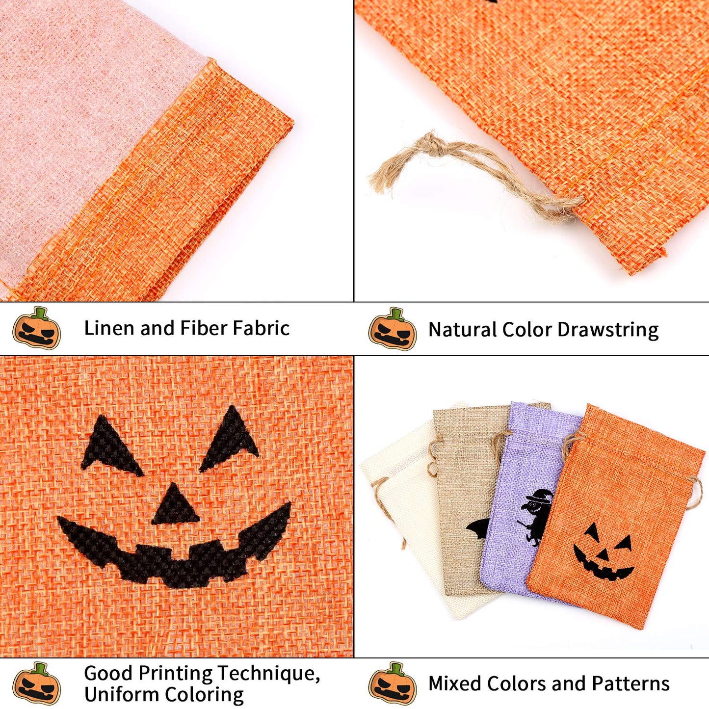 DECORA Halloween Burlap Gift Bags with Double Jute Drawstrings Candy Pouch Halloween Treat Bags with Different Designs Pack of 50
