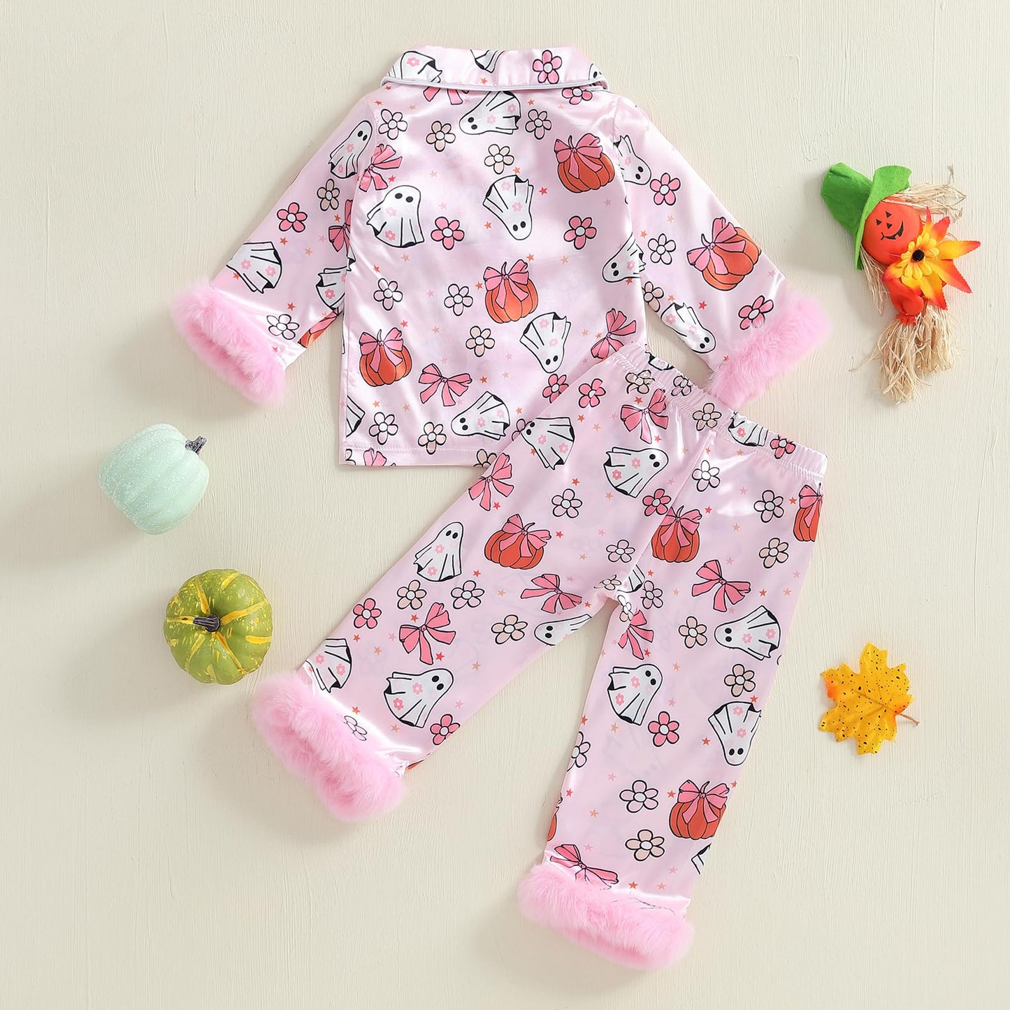 Kuriozud Kids Toddler Girl Halloween Pajamas Fuzzy Trim Long Sleeve Button Down Shirt Top and Pants 2pcs Pjs Sets Sleepwear (Floral Ghost Bow Pink, 4-5 Years)