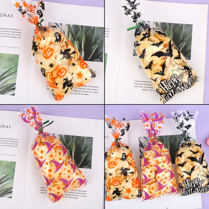 DIYASY 150 Pcs Halloween Cellophane Treat Bags, Clear Candy Bags Plastic Bats Pumpkin Bag Witch Goody Bag with 300 Twist Ties for Kids Party Favor