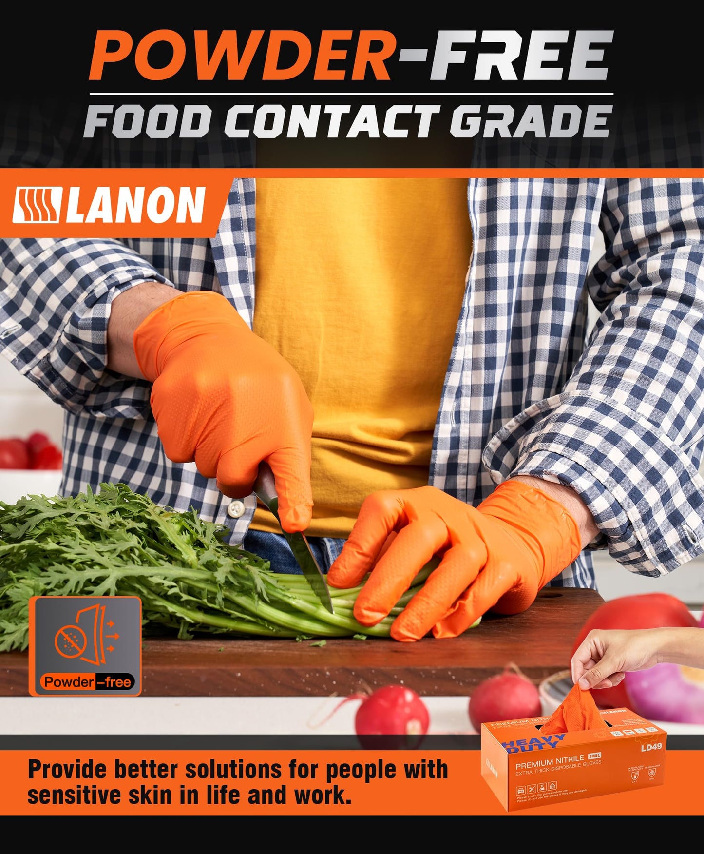 LANON 8mil Orange Disposable Nitrile Gloves, Mechanic, Heavy Duty, Food Safe, Latex Free, Powder Free, Fully-Diamond Textured, Large