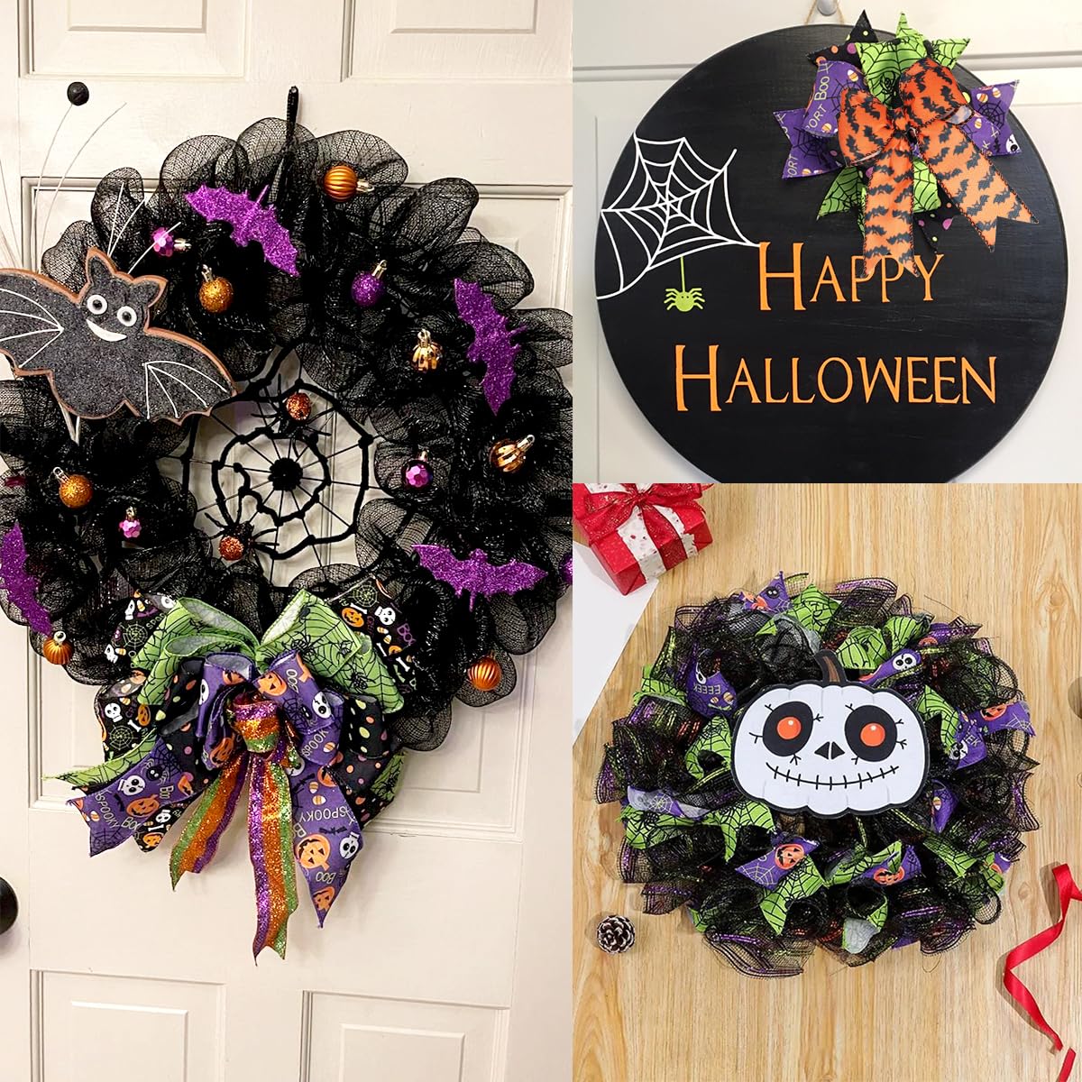 3 Rolls Halloween Wired Edge Ribbon 9.9 Yard Bat Spider Web Skull Pumpkin Printed Ribbons Wrapping Ribbon for Halloween Party Decoration Wreath DIY Craft(Purple,Green,Orange)