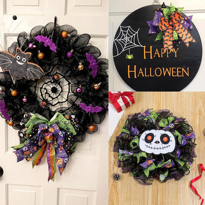 3 Rolls Halloween Wired Edge Ribbon 9.9 Yard Bat Spider Web Skull Pumpkin Printed Ribbons Wrapping Ribbon for Halloween Party Decoration Wreath DIY Craft(Purple,Green,Orange)
