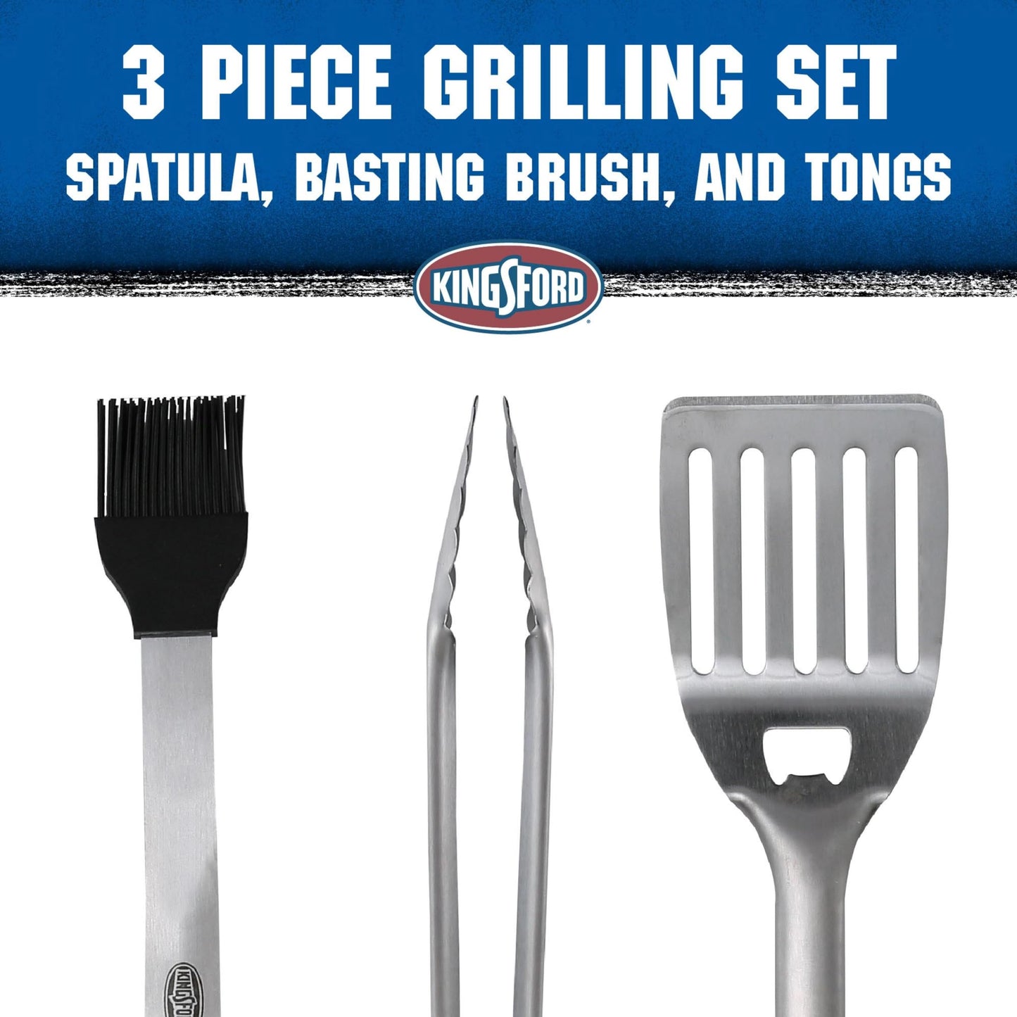 Kingsford Stainless Steel 3-Piece BBQ Tool Set | Tongs, Basting Brush, Spatula | Rust-Resistant Grilling Tools