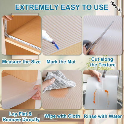 Hersvin 10 in x 20 ft Shelf Liners Drawer Liner for Kitchen Cabinets Non-Adhesive Non Slip, Refrigerator Mats for Shelves, EVA Plastic Cupboard Protector, Waterproof Lining (Clear Stripe, Ribbed)