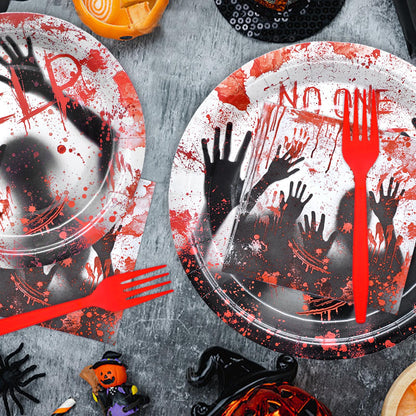 96 Pieces Halloween NO ONE LEAVES Tableware Set - Spooky Disposable Dinnerware with Plates, Napkins, Forks for Halloween Horror-Themed Events, and Haunted House Party Supplies, Serves 24 Guests