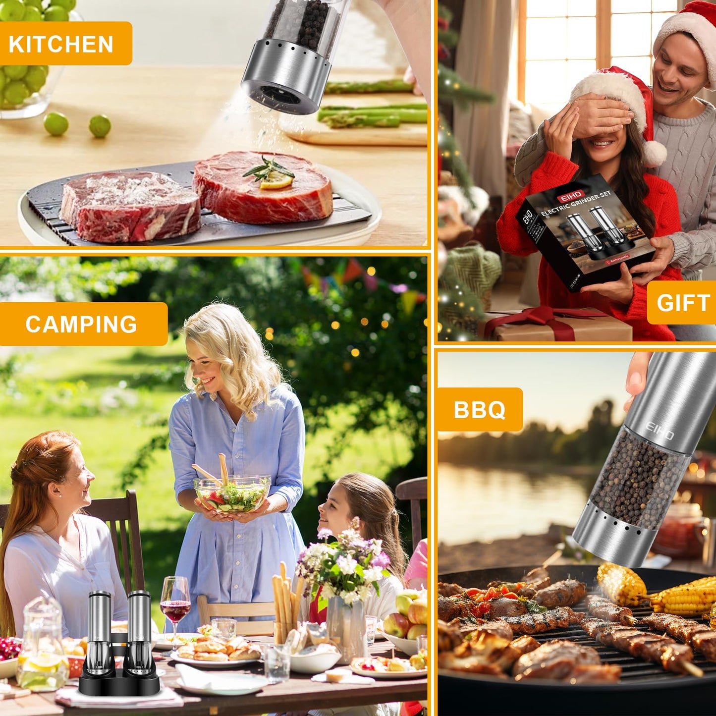 EIHO Electric Salt and Pepper Grinder Set USB Rechargeable, Upgraded External Adjustable Coarseness, Stainless Steel Automatic Salt and Pepper Shakers Mills with LED Light, House Warming Cooking Gifts