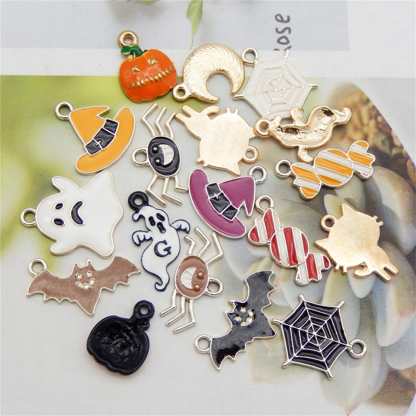Julie Wang 54pcs Alloy Enamel Halloween Charms Candy Pumpkin Ghost Spider Bat Pendants for Holiday Jewelry Making Party Decoration Crafts DIY