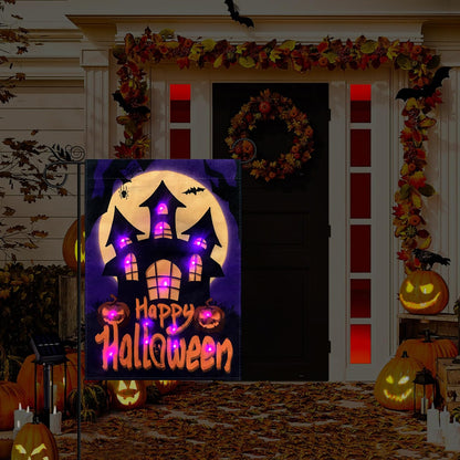 Happy Halloween Garden Flag LED Lighted Vertical Double Sided Garden Flag Halloween Castle Holiday Farmhouse Outdoor Yard Lawn Decoration 12.5 x 18 Inch