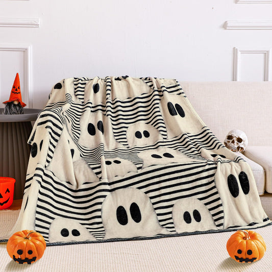 FuWeave Halloween Throw Blanket Cute Rustic Ghost Flannel Blanket Farmhouse Spooky Blanket Soft Black White Striped Blanket Retro Halloween Decoration for Sofa Bed Holiday Party Gifts,50 x60
