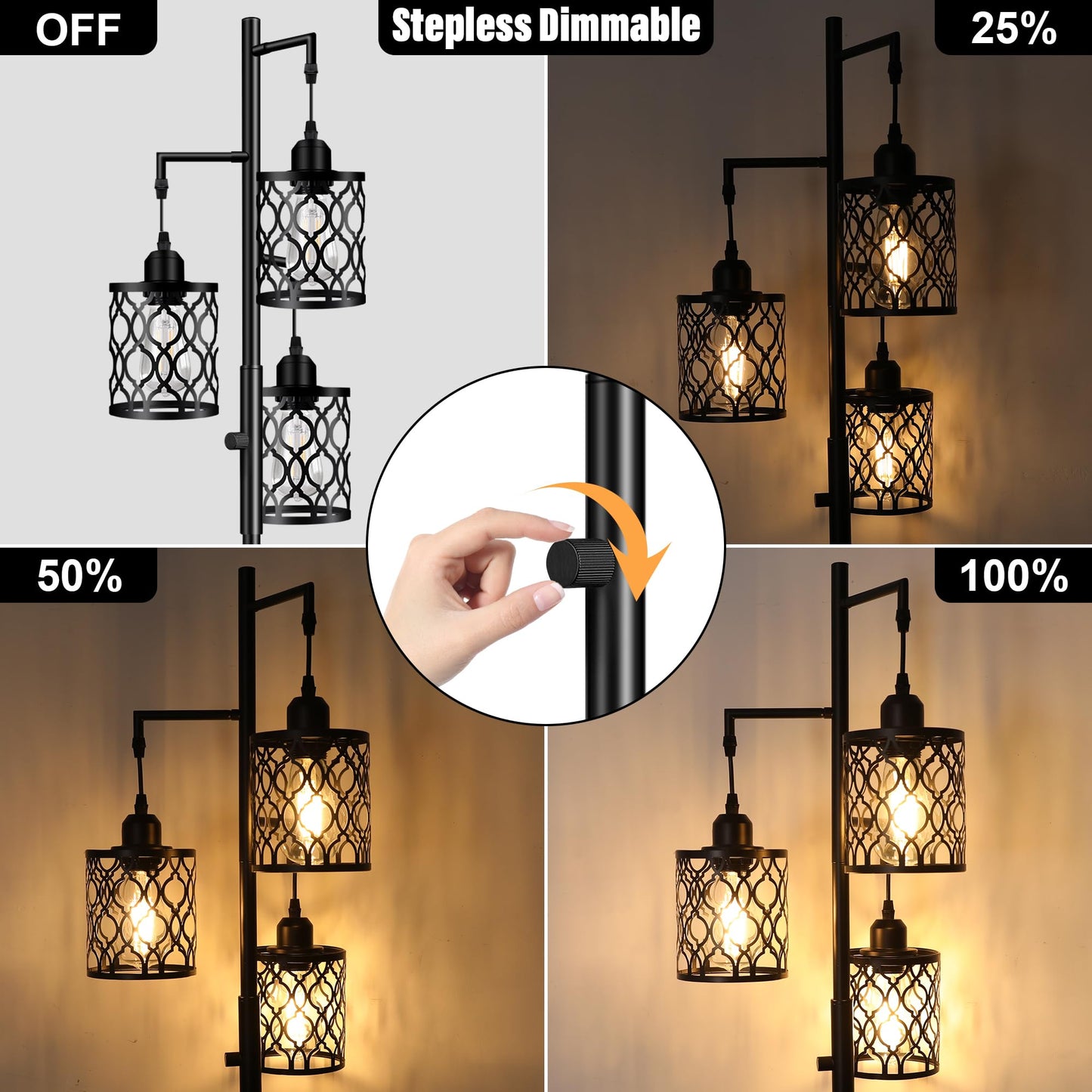 Dimmable Farmhouse Floor Lamp, Industrial Floor Lamp for Living Room with 3 X 6W LED Bulbs, 3 Light Rustic Standing Tall Lamp for Bedroom, Office, 68"