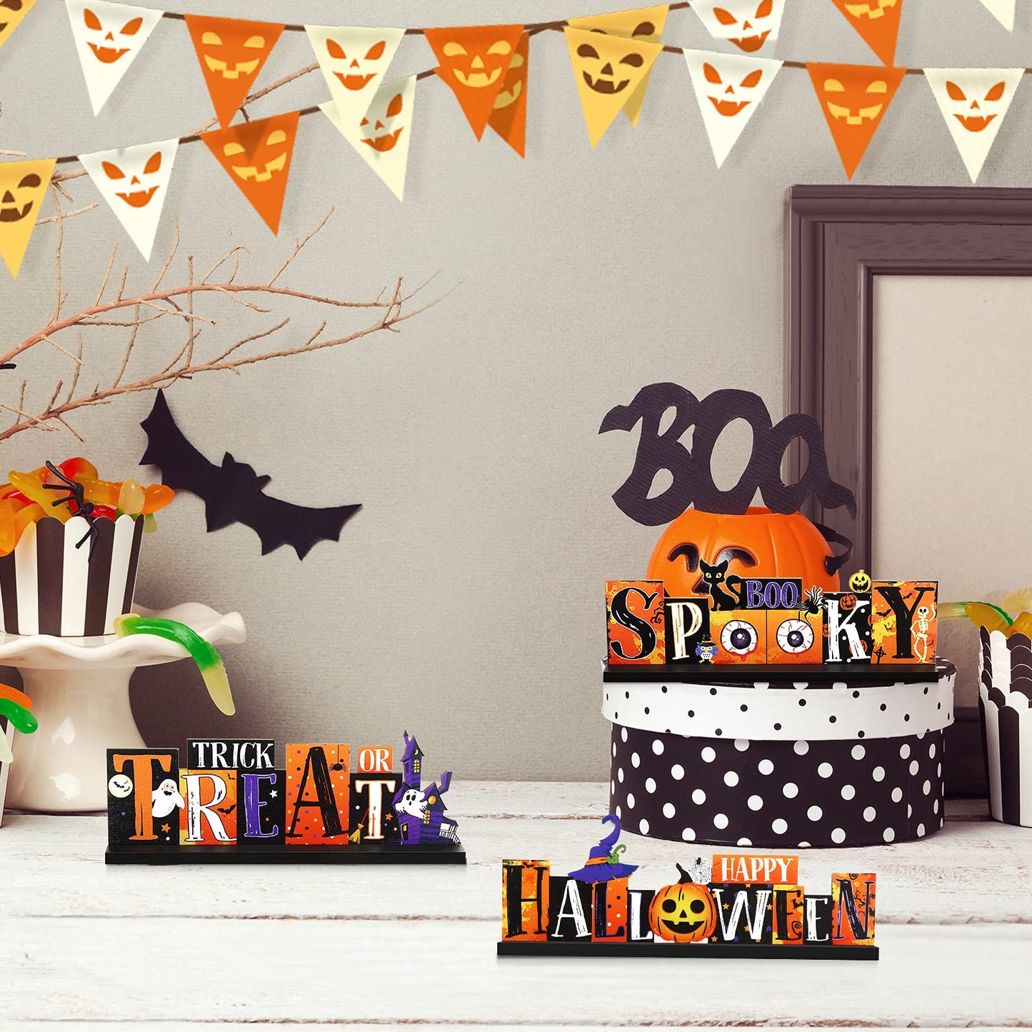 3 Pieces Halloween Table Decorations - Pumpkin Centerpiece, Boo Spooky Wood Sign, Trick or Treat Witch Hat Decor for Party, Living Room, Kitchen, Office, Bar