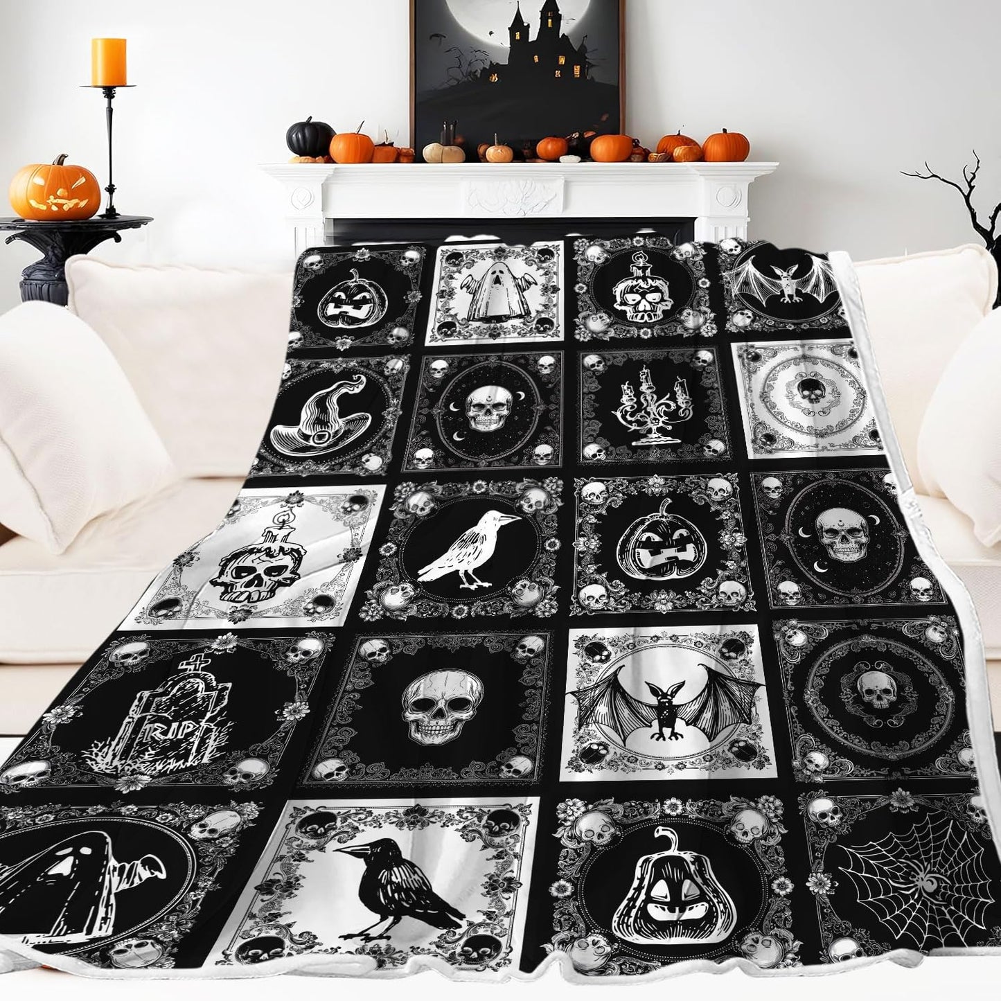 Halloween Throw Blanket, Gothic Black Pumpkin Bat Ghost Skull Webs Witch's Hat Checkered Horror Blankets, Warm Soft Spooky Nights Blanket for Home Living Room Sofa Couch Bed,50X60IN