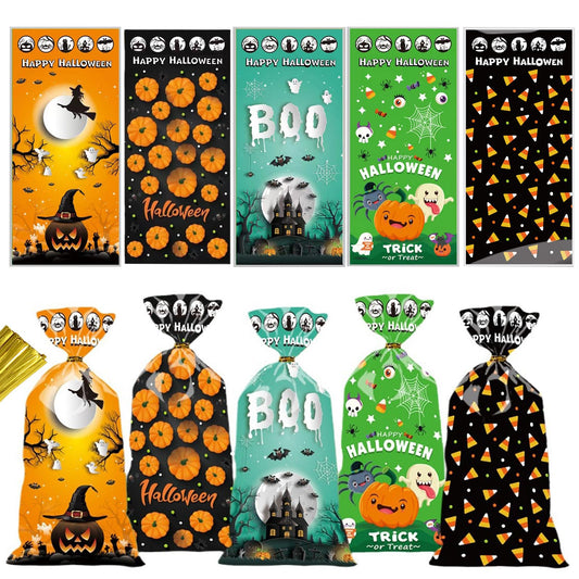 Halloween Treat Bags | 50 pcs (4.9” x 10.8” Inch) | Cellophane Candy Bags with Fun Scary Designs | Pumpkins, Witches Cello Bags | Halloween Party Decorations, Spooky Treat Bags
