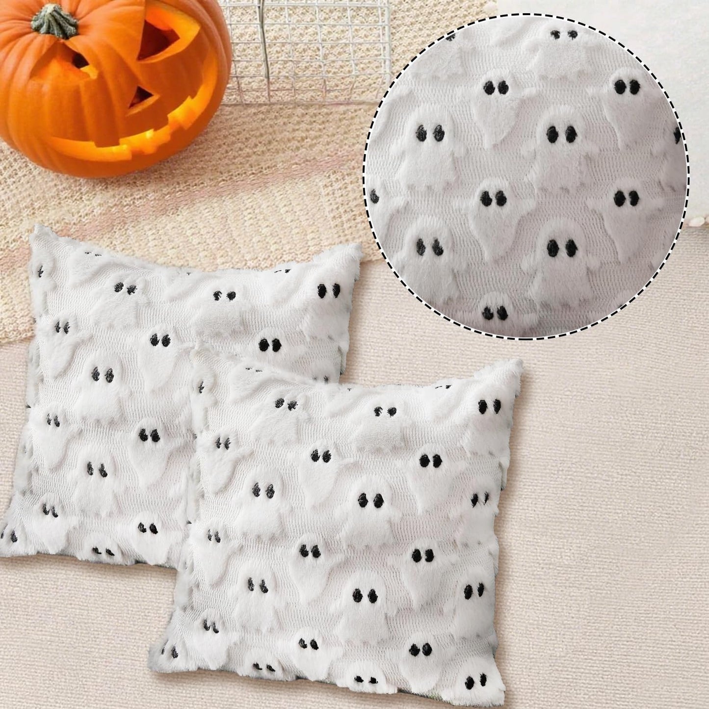4 Pcs Halloween Throw Pillow Covers 18x18, Soft Faux Fur Pillow Cases Decorations, Fluffy Plush Accent Couch Cushion Case for Halloween Chair Sofa Bedroom Living Room Home Decor(Ghost A)