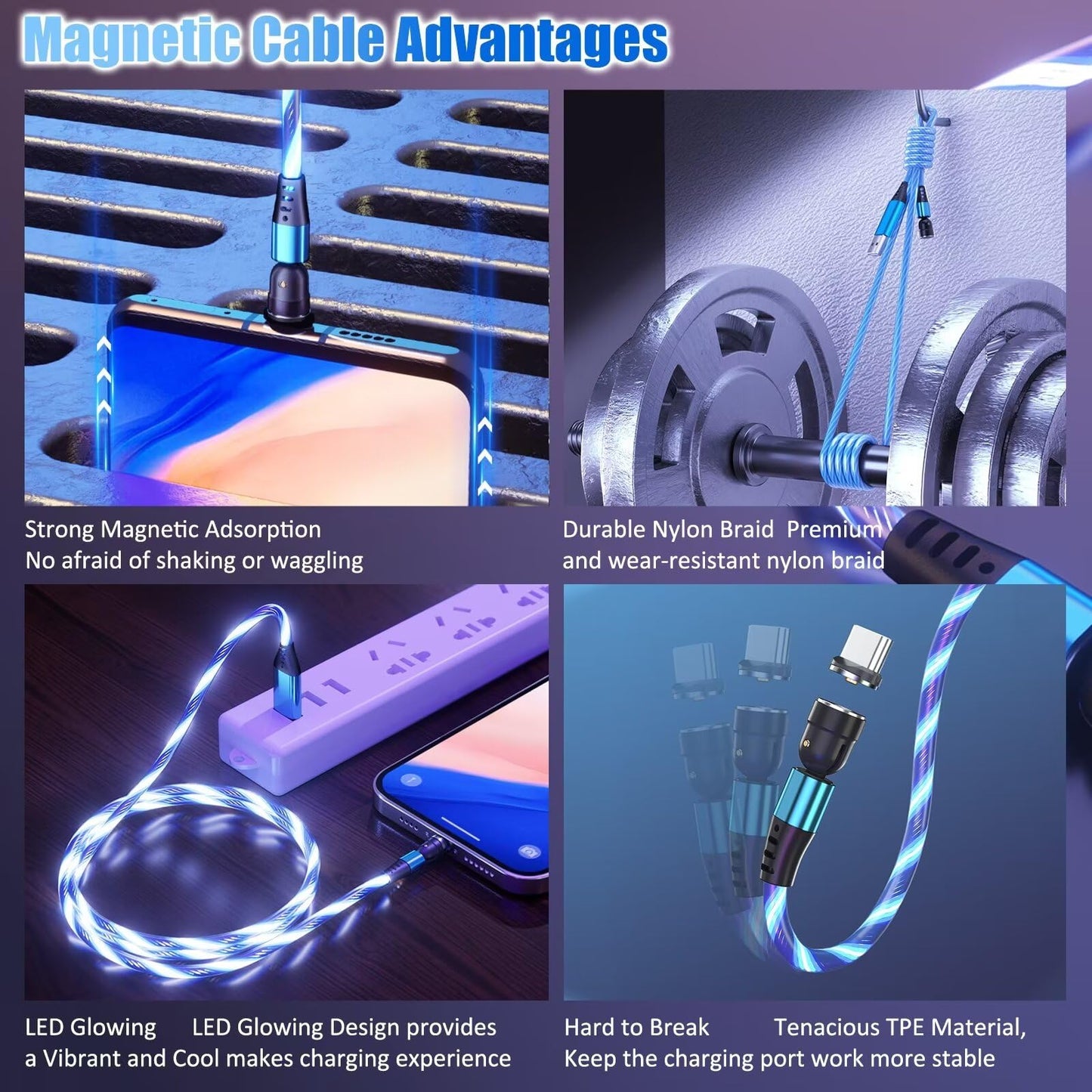 EndlesShine Magnetic Charging Cable (3Pack 3 3/6 6/6 6FT) 180° & 360° Rotation Removable 3 in 1 1PINCharge Cable Micro USB iProduct Device LED Light Magnet Android Charger Type C Cable (Blue)