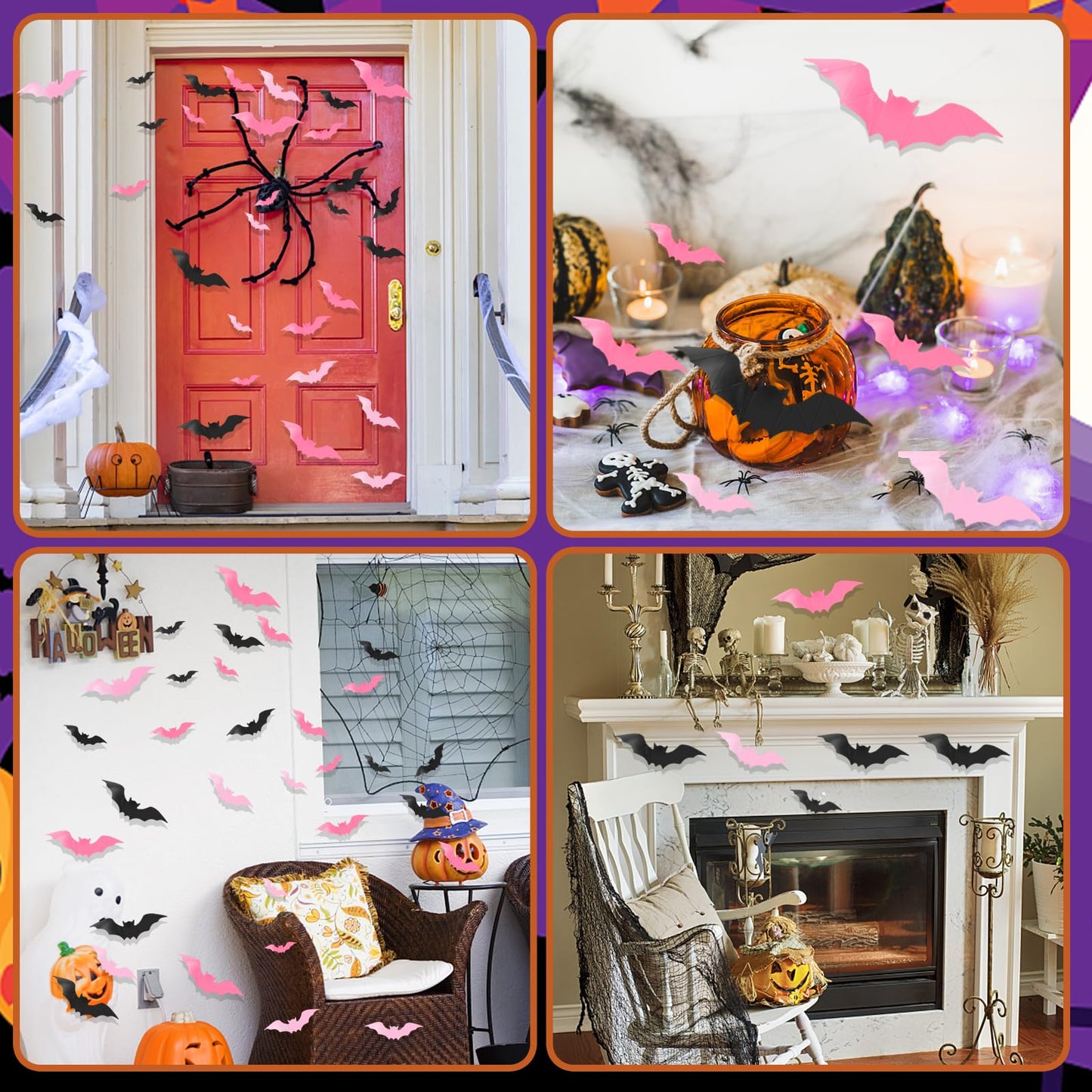 3D Halloween Wall Bats Decor - 48 Pink PVC Bats Stickers & Decals for Home, Indoor Spooky Theme