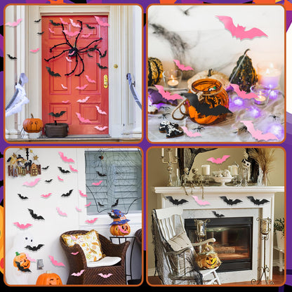 3D Halloween Wall Bats Decor - 48 Pink PVC Bats Stickers & Decals for Home, Indoor Spooky Theme