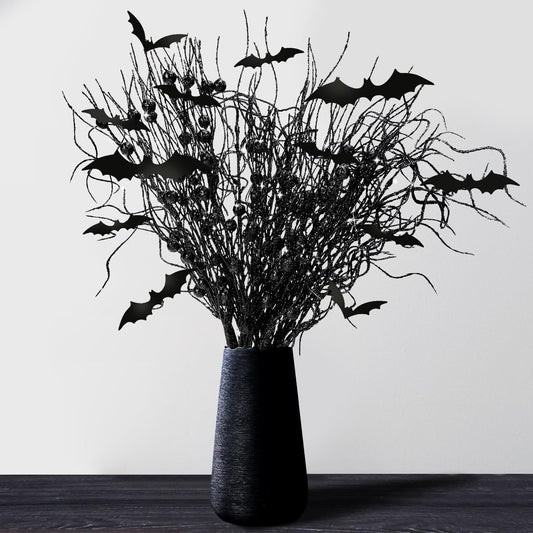 16 Pcs Artificial Halloween Branches Picks Ornaments with 12 Pcs Bats- Fake Black Berry Stems Curly Willow Branches- Faux Glitter Black Berries Twig Stems Sticks for Halloween Christmas Home Decor