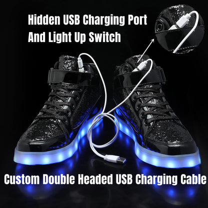 IGxx LED Light Up Shoes for Men USB Recharging High Top Sneakers Women Kids Glitter Black 12