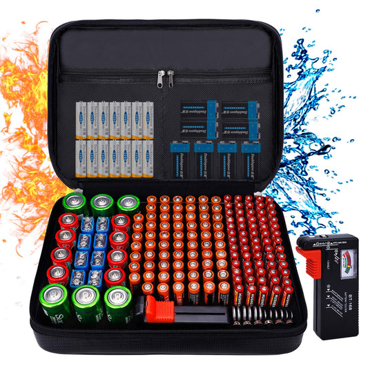 Fireproof Battery Organizer Storage Case Waterproof & Explosionproof, Safe Bag Fits 210+ Batteries Case - with Tester BT-168, Carrying Container Bag Energy Batteries AA AAA C D 9V Lithium 3V Holder