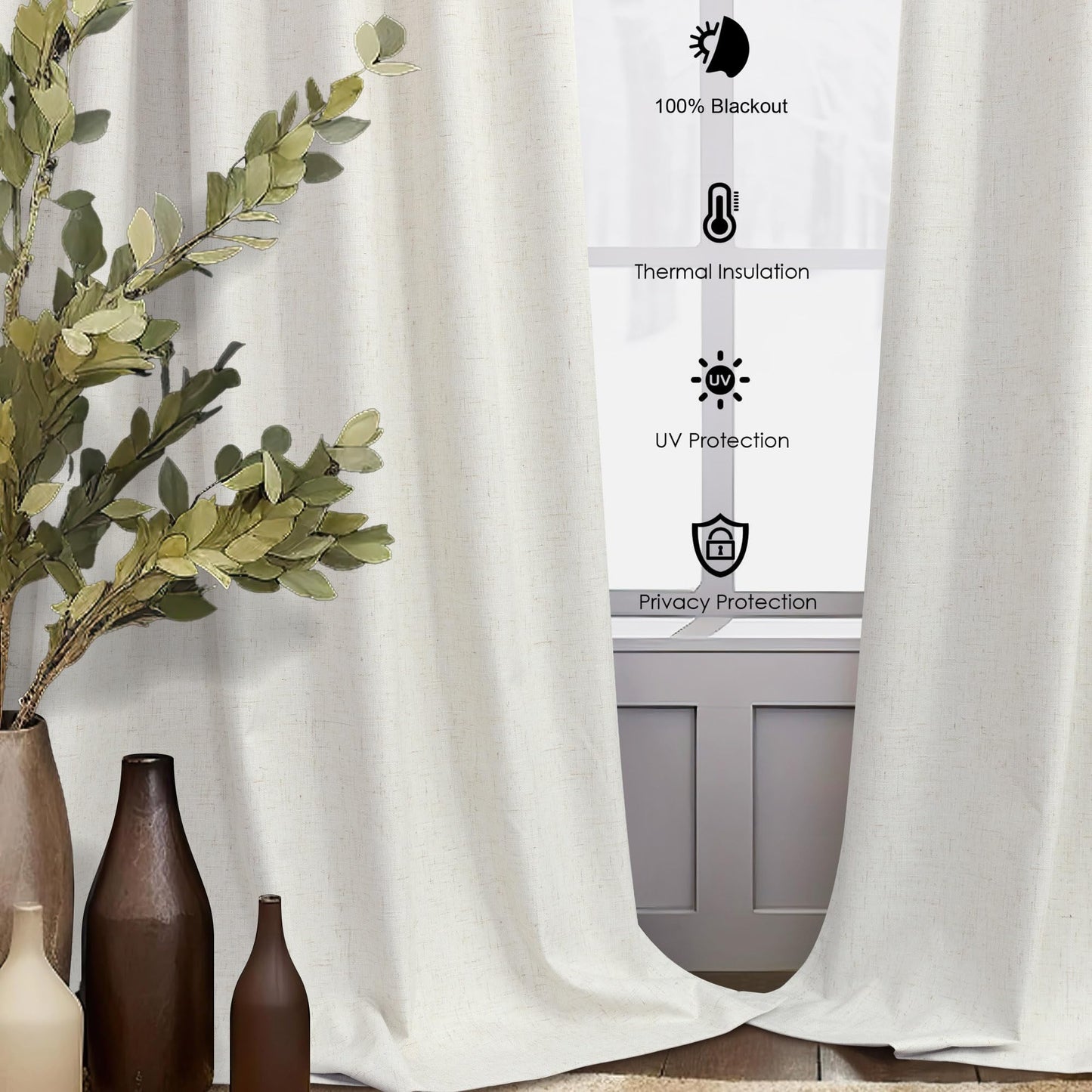 Cream Linen Blackout Curtains 84 Inch Long 2 Panel Set Back Tab Thermal Insulated Light Blocking Curtain for Living Room Black Out Drapes for Bedroom Neutral Rustic Farmhouse 52x84 Length Ivory White