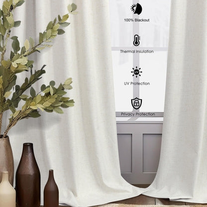 Cream Linen Blackout Curtains 84 Inch Long 2 Panel Set Back Tab Thermal Insulated Light Blocking Curtain for Living Room Black Out Drapes for Bedroom Neutral Rustic Farmhouse 52x84 Length Ivory White