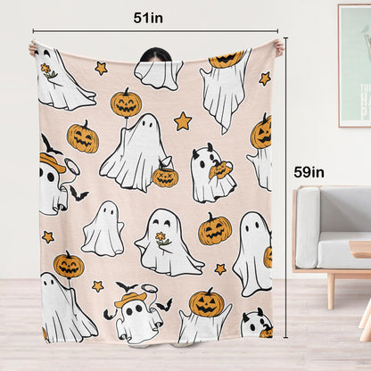 Glawry Halloween Throw Blanket for Bed,51x59 Inch, Cute Funny Ghost Pumpkin Lantern Spooky Lovely Holiday Cartoon Kawaii for Kids Boys Girls Nursery Soft Cozy Flannel Blankets for Sofa Couch Chair