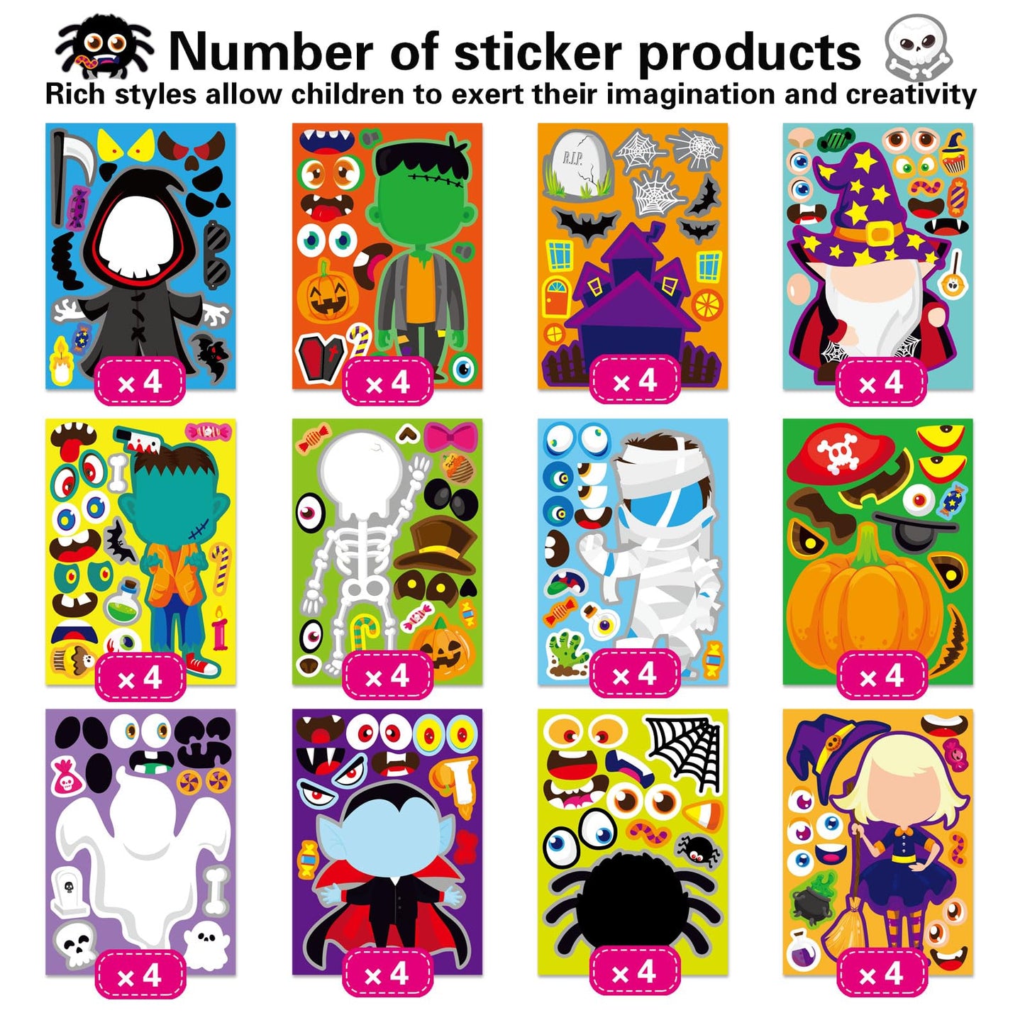 48 PCS Halloween Make-a-face Stickers Halloween Characters Stickers for Kids Make Your Own Mix and Match Sticker DIY Crafts Decorating Toy Sticker Trick or Treat Party Game Activities