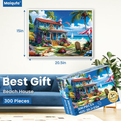 300 Pieces Puzzle for Adults | Beach House Puzzle | Recycled Cardboard Large Piece Jigsaw Puzzles 300 Pieces | Challenging Game Home Decor Birthday Party Gift Toy for Adults Kids Seniors 20.5*15 inch