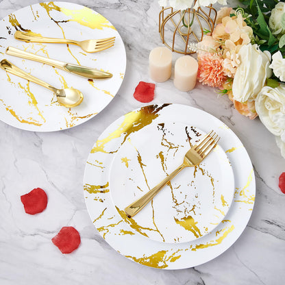 JOLLY PARTY 180PCS Disposable Dinnerware Set 30 Guest, 60 White and Gold Plastic Plates, 30 Plastic Silverware, 30 Cups, Marble Design Disposable Dinnerware for Wedding and Parties