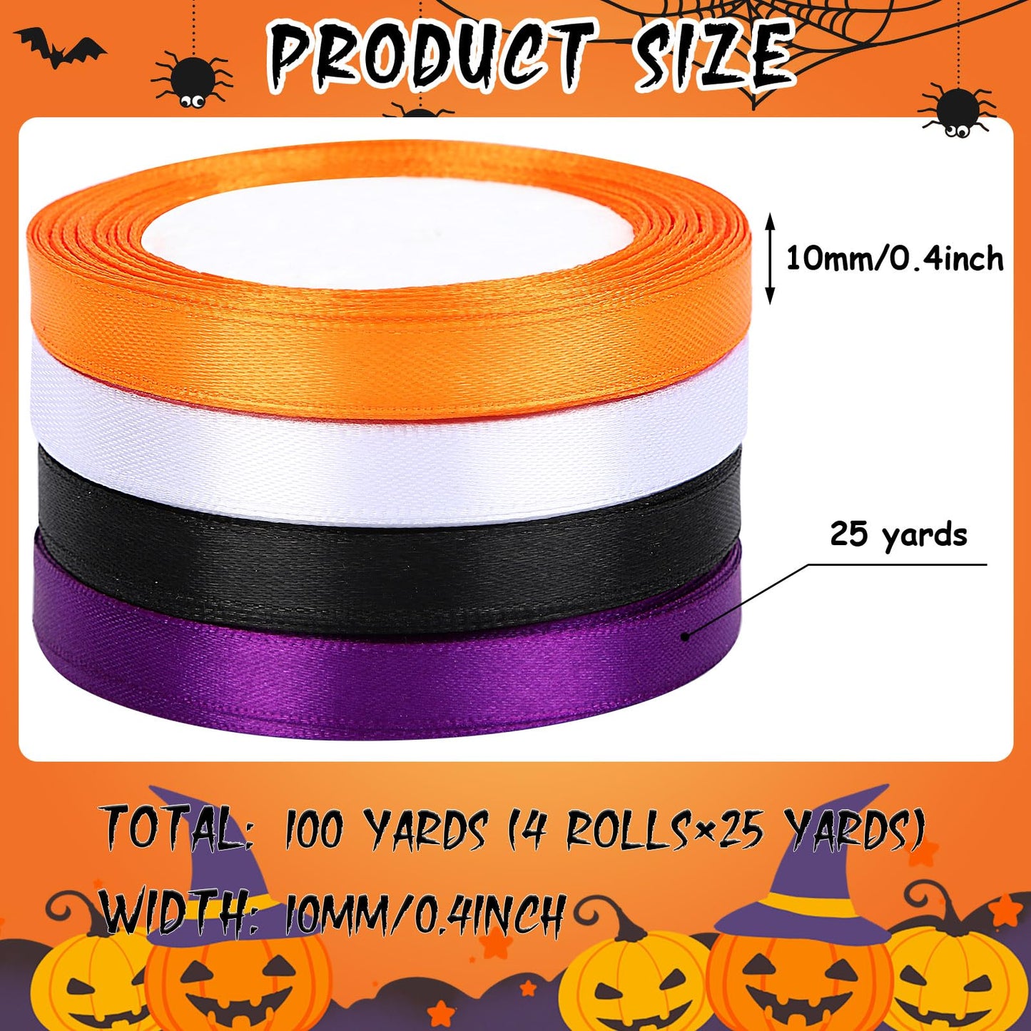DECYOOL Halloween Ribbons, 4 Rolls 100 Yards Halloween Satin Ribbons 10mm Wide Holiday Gift Wrapping Ribbon for DIY Bows Party Decoration (Orange, Black, Purple, White)